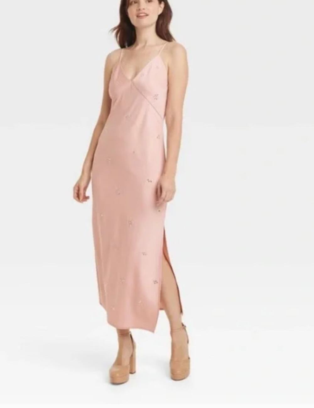 A New Day Blush Pink Sleeveless Satin Midi Slip Dress M